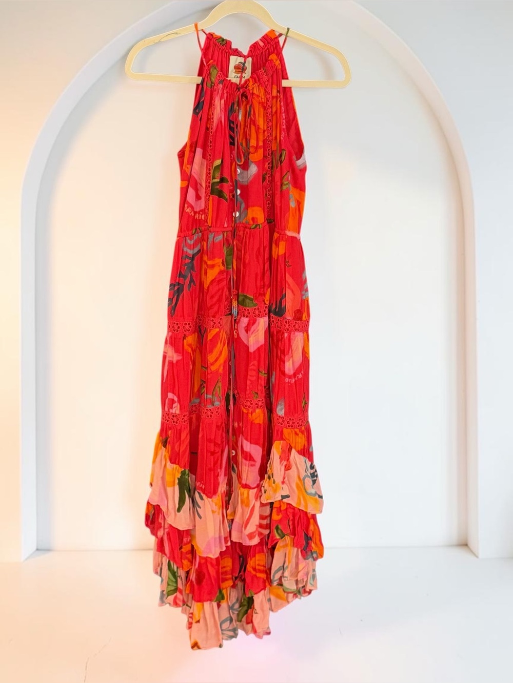 Like New ✨ FARM Rio Red Mixed Fruits Ocean Halter Maxi Dress - Size Medium